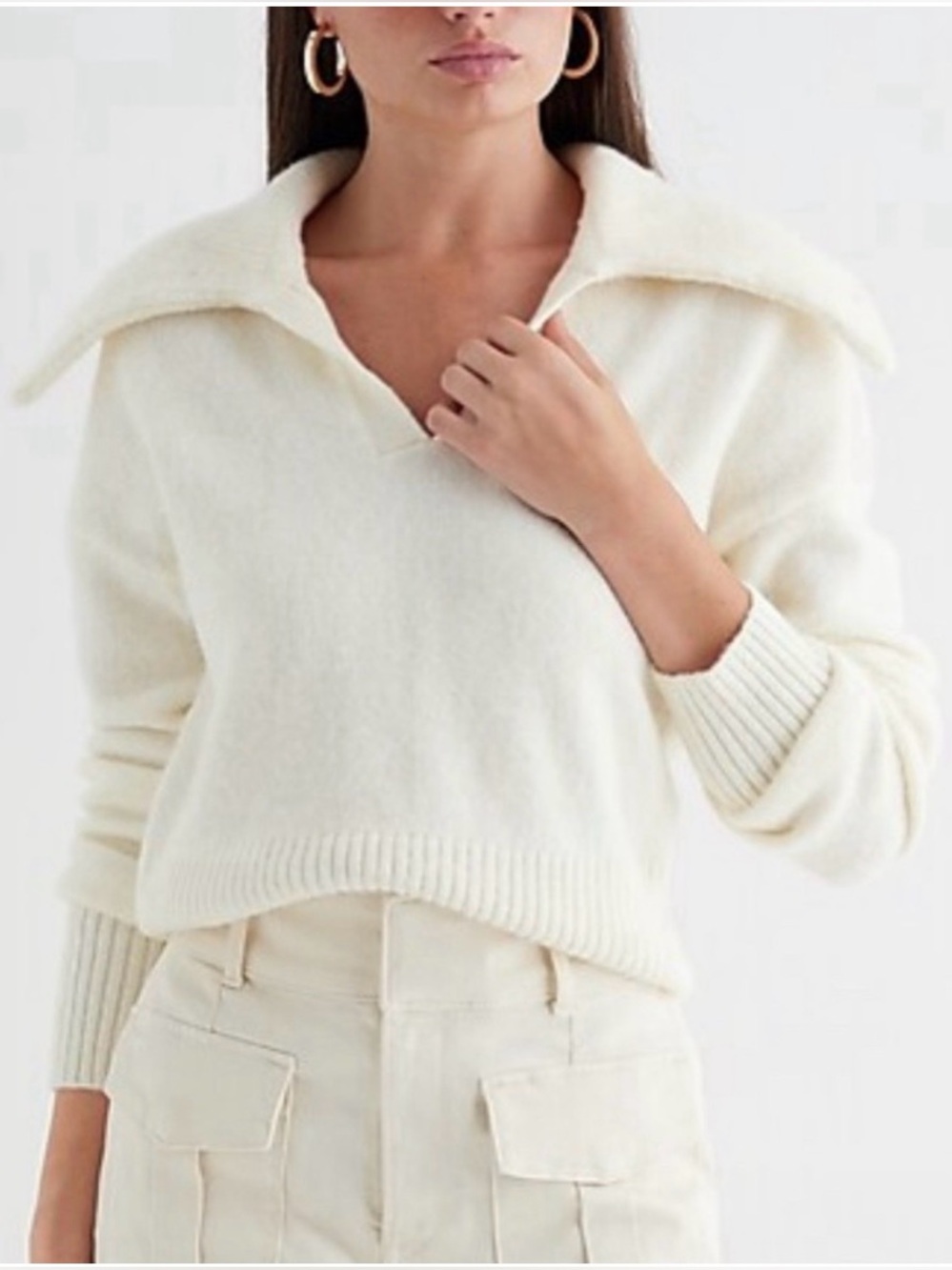 Express Cream V-Neck Polo Sweater Fold Over Collar Wool Tennis Preppy Old Money